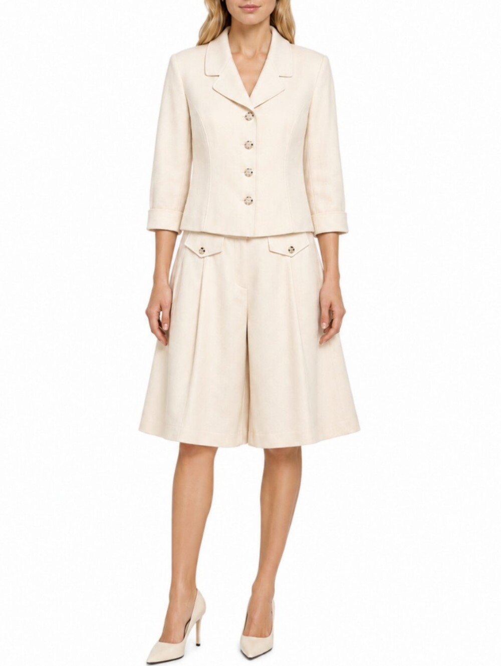 Vintage 90s St John Cream Knit Blazer Skort Suit Set 12 Old Money Quiet Luxury
